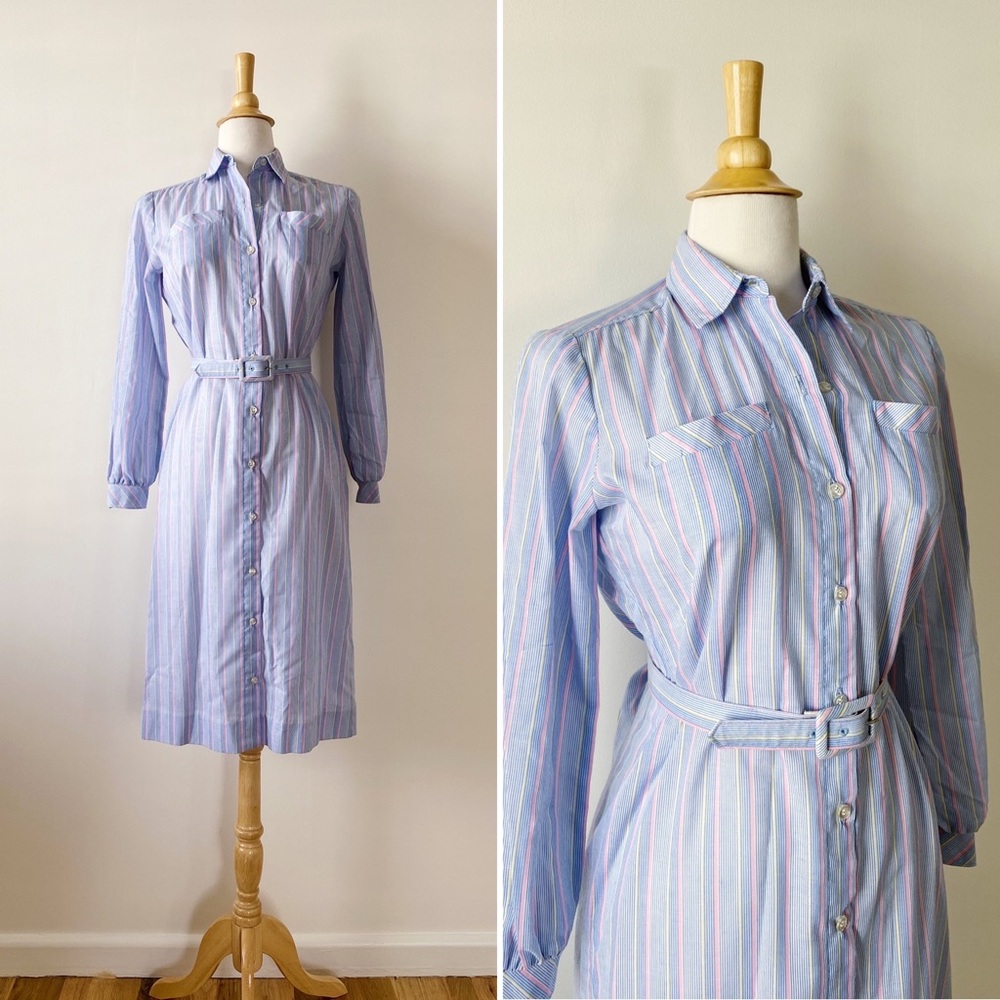 Vintage 70s Blue and Pink Long Sleeve Candy Stripe Shirtdress size Small